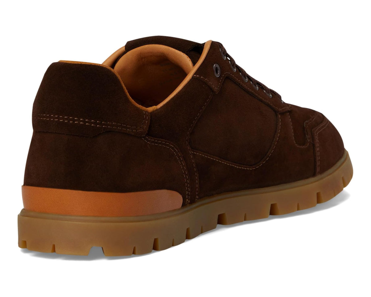 Men's Vail polo sneakers heel and back view in dark brown suede