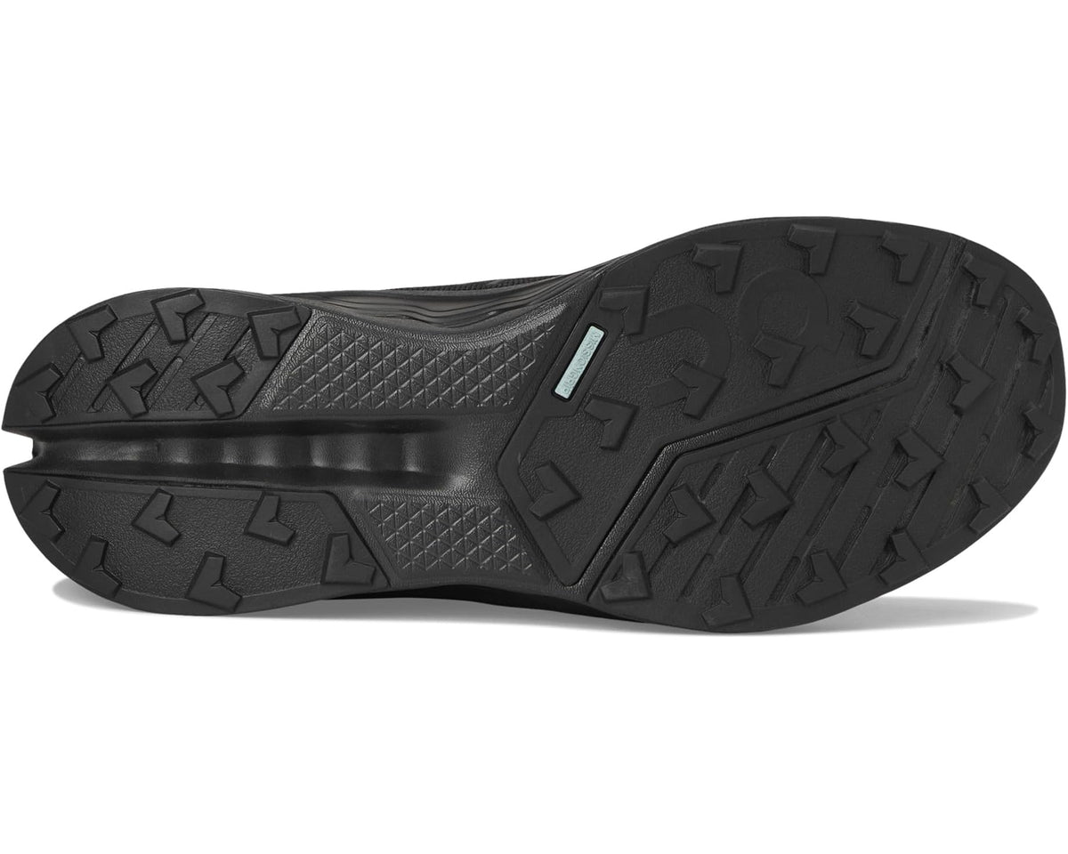 Men's black trail shoe outsole with rubber lugs and textured traction pattern
