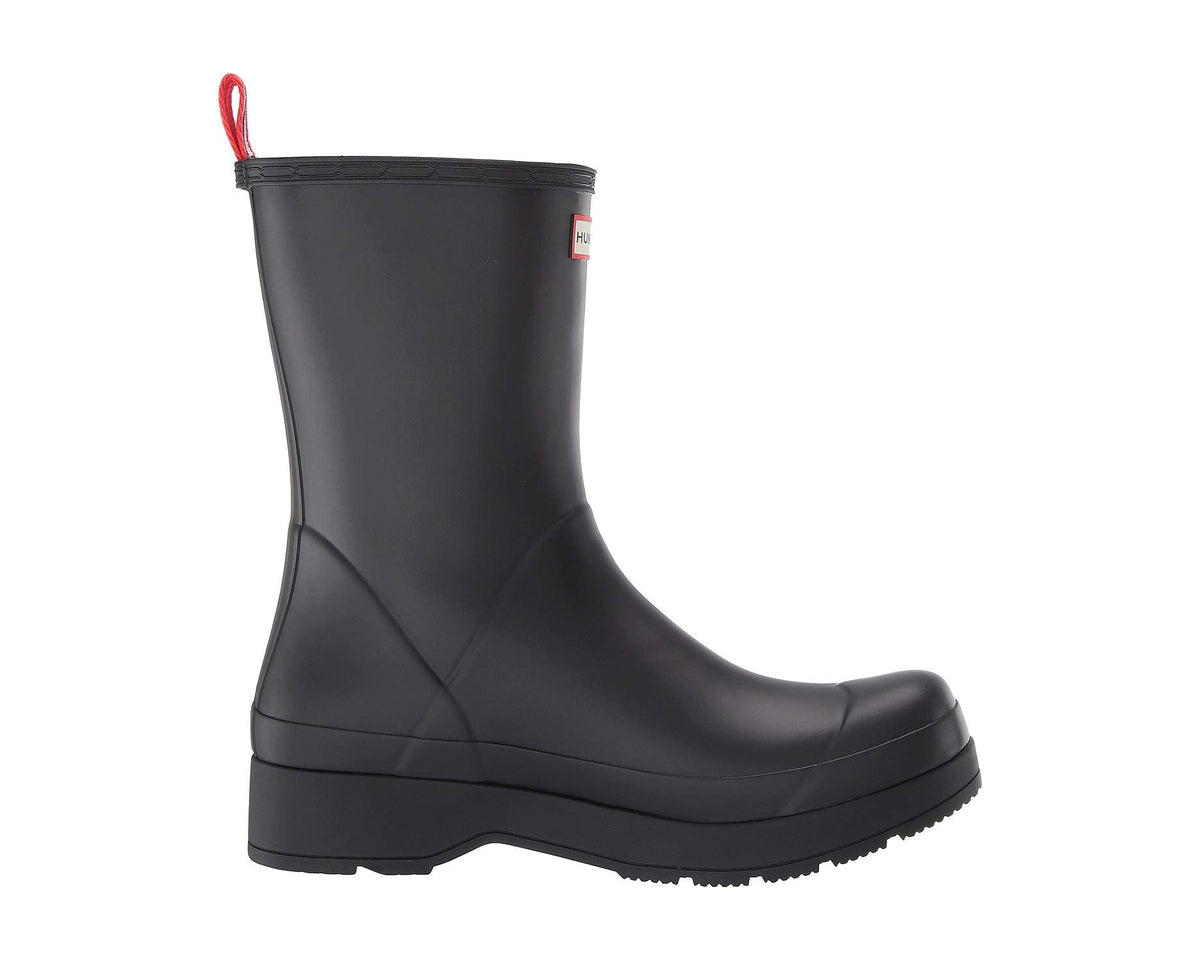 Black mid-height rubber play boot with curved side seams and tread sole