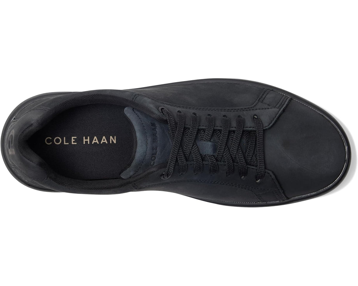 Black sneakers top view, lace-up closure and Cole Haan logo on tongue