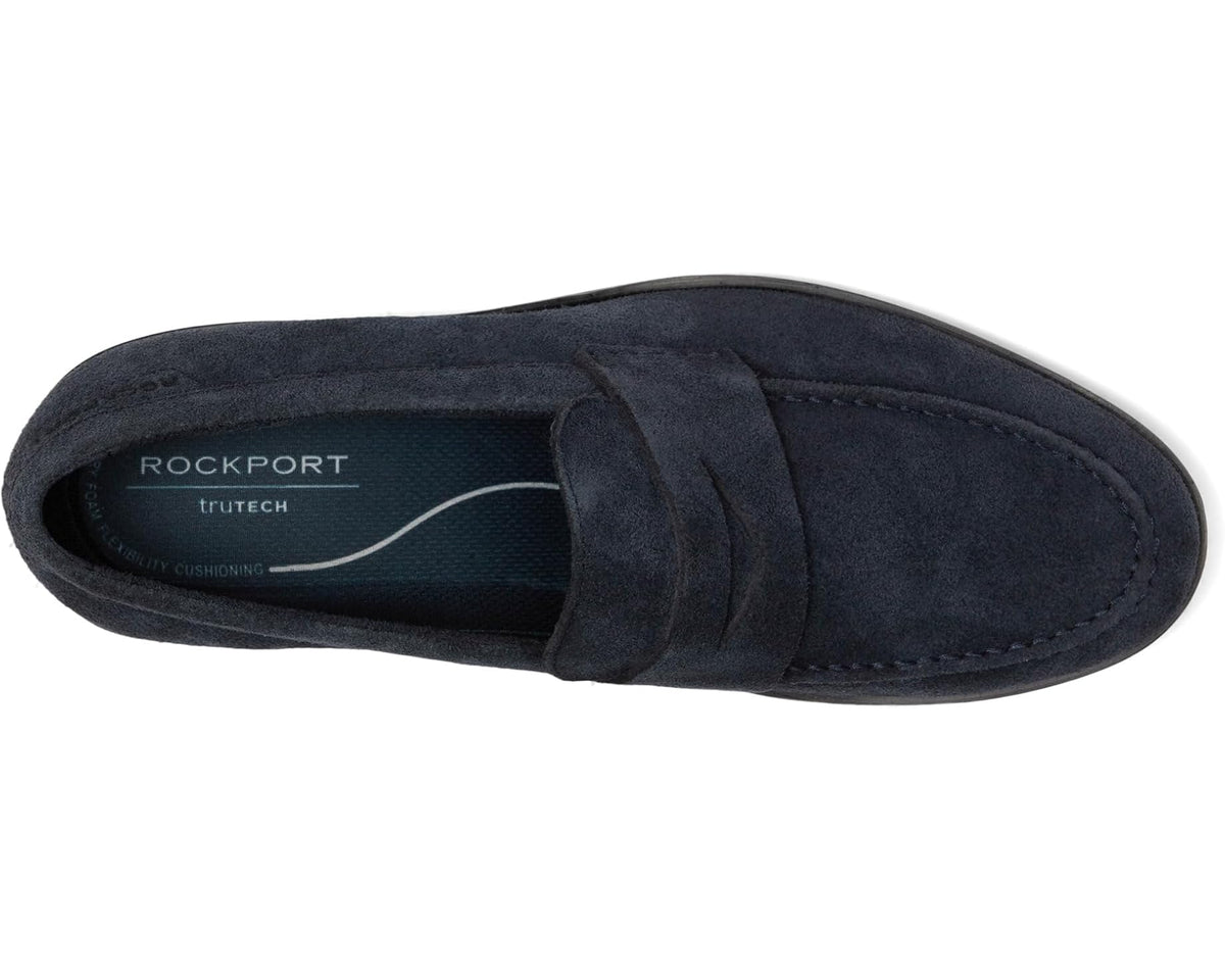 Men's dark blue suede slip-on loafer showing inner logo and stitched vamp