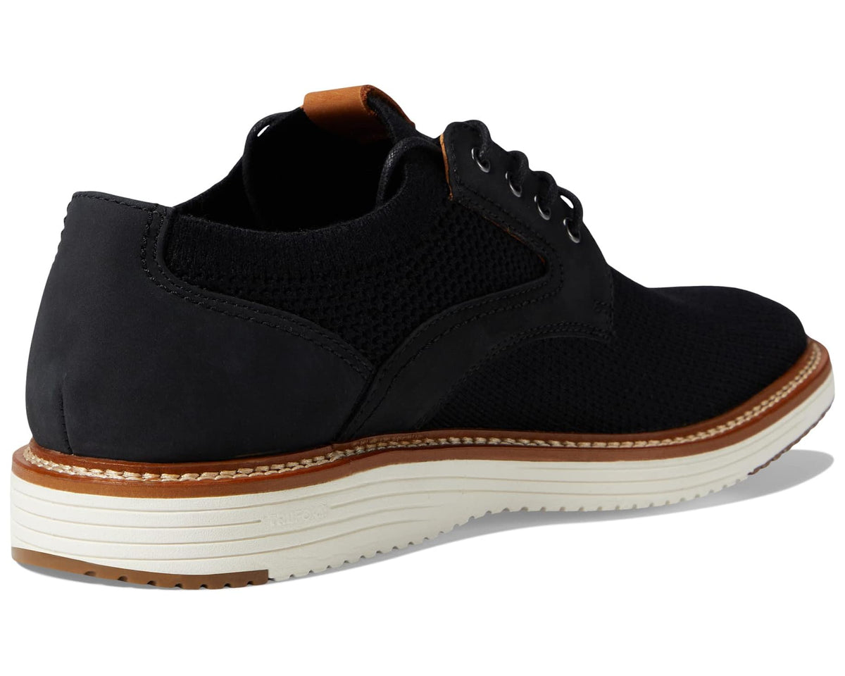 Men's black knit plain-toe lace-up shoe with cushioned collar and brown outsole