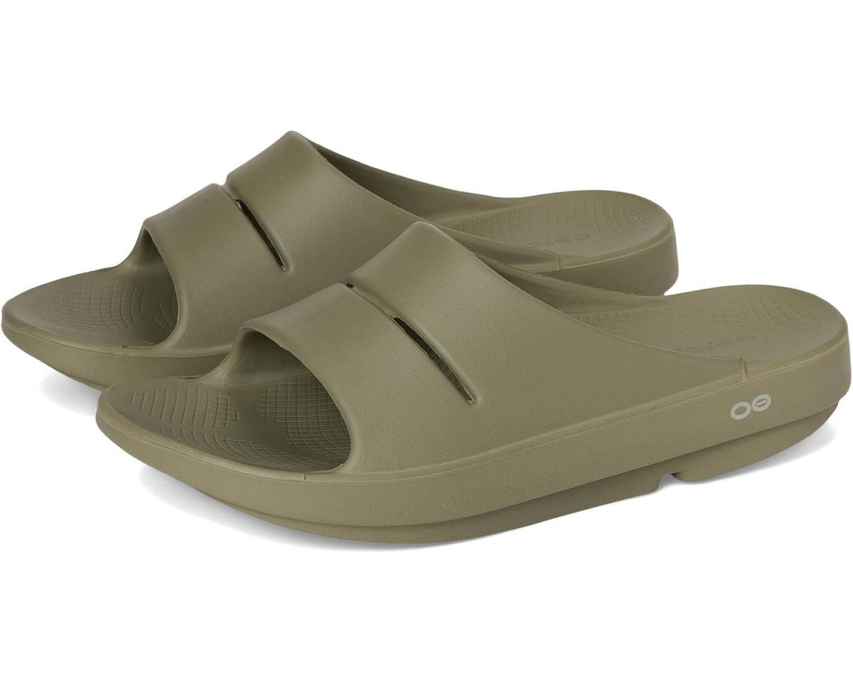 OOFOS foliage olive slide sandal with adjustable strap and cushioned foam sole