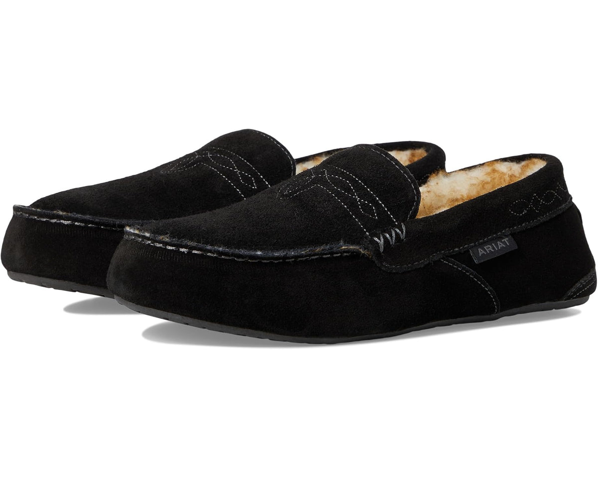 Men's black suede moccasin slipper with stitched Ariat logo and fur lining