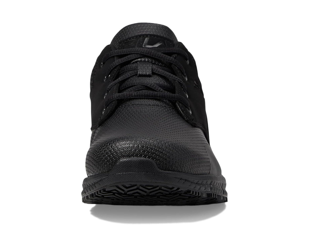 Black lace-up front view with cushioned midsole and textured upper