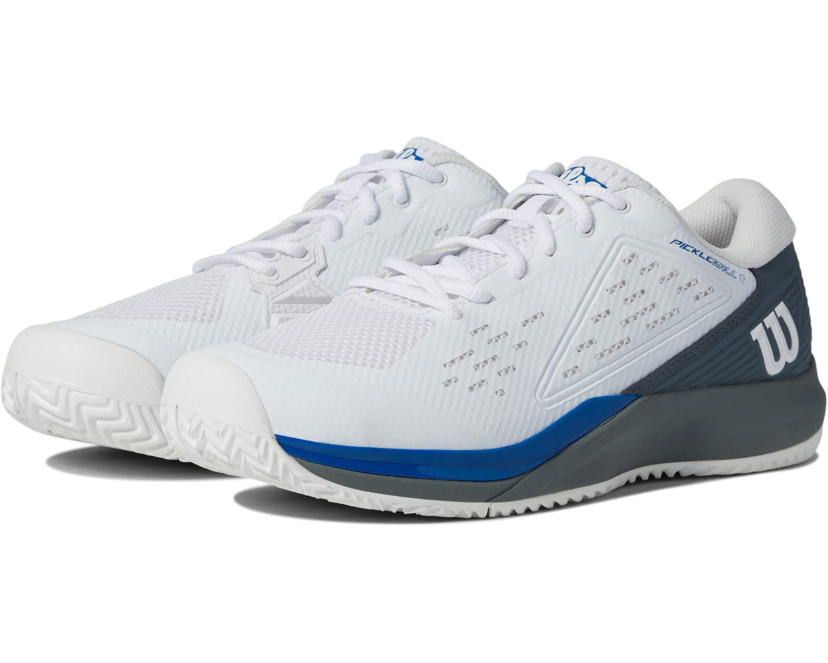 Men's Wilson pickleball shoes in white with blue accents, lace-up mesh upper