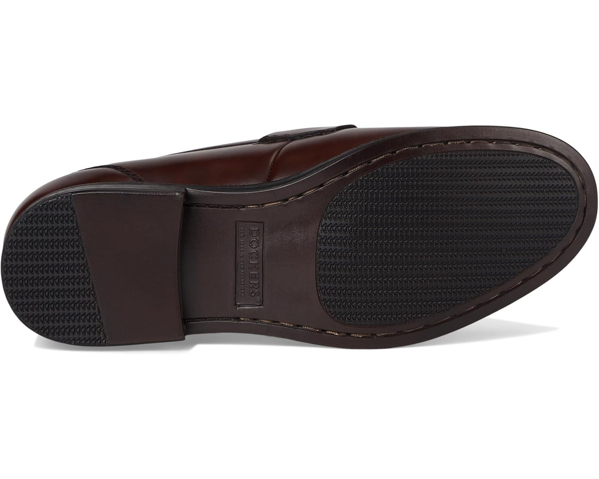 Cordovan leather loafer with textured rubber outsole and stacked heel