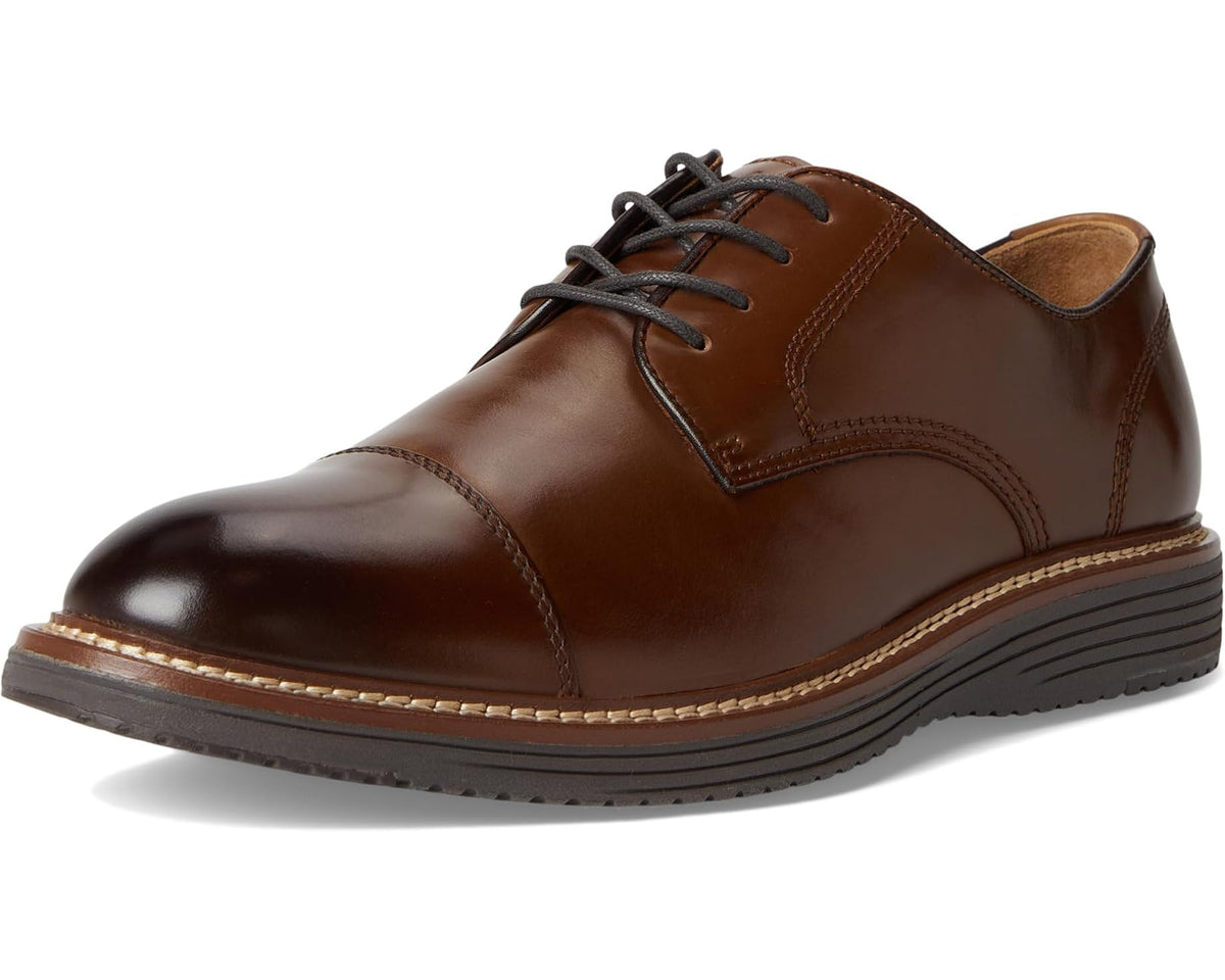 Johnston & Murphy men's cap-toe oxford shoe, tan leather lace-up, front quarter view