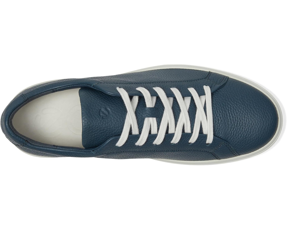 Dark blue ECCO sneaker side view with white laces and textured leather upper
