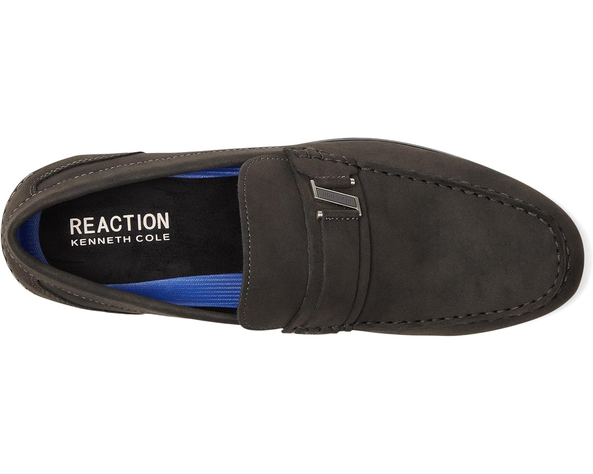 Dark grey suede slip-on shoes with buckle strap and cushioned lining