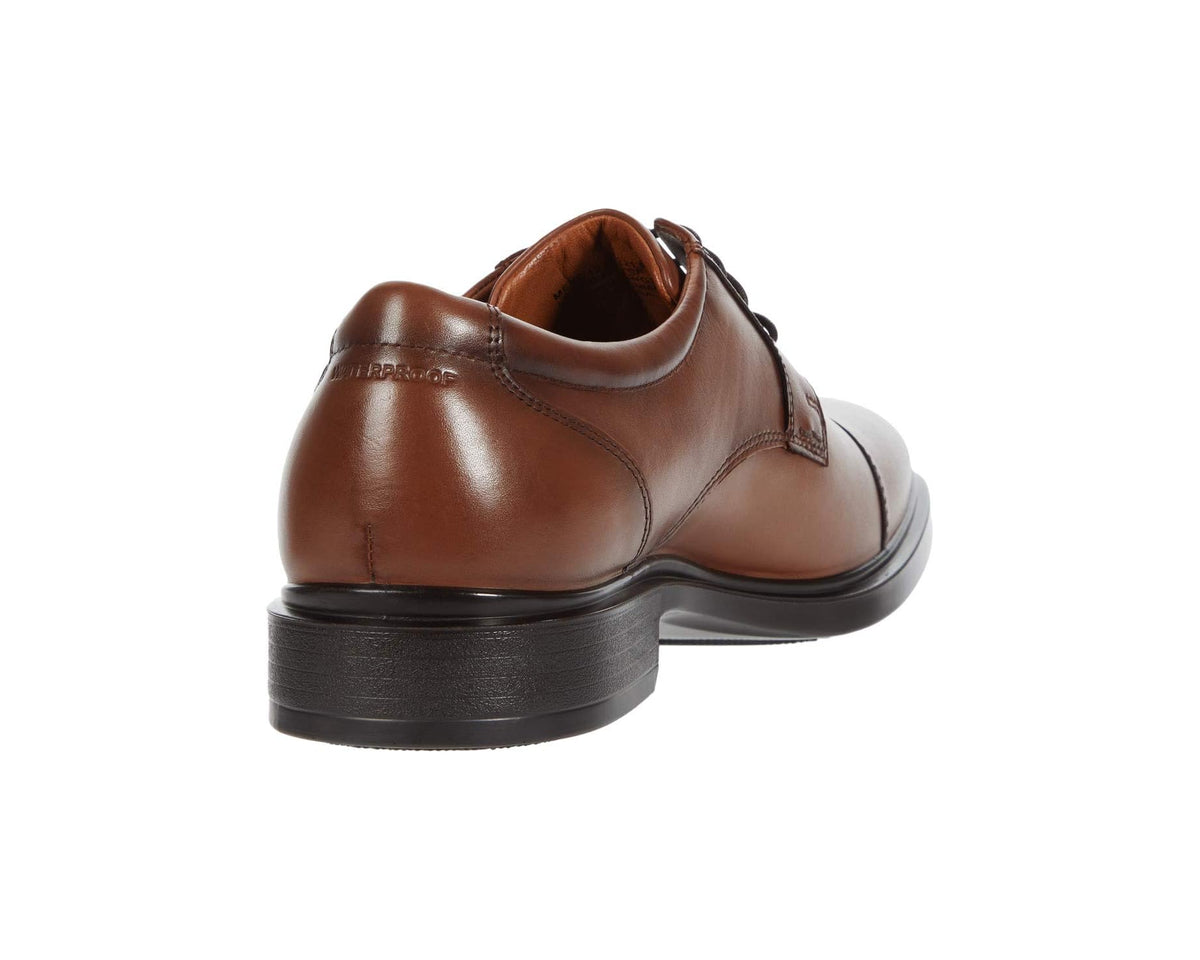 Men's Florsheim waterproof cap-toe oxford shoes, cognac smooth leather, rear profile.