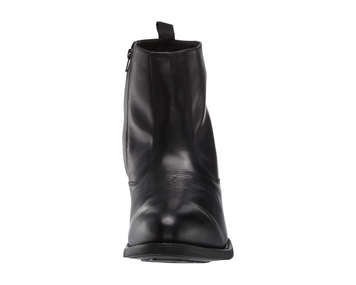 Black leather mid-calf boots with back pull tab and low block heel