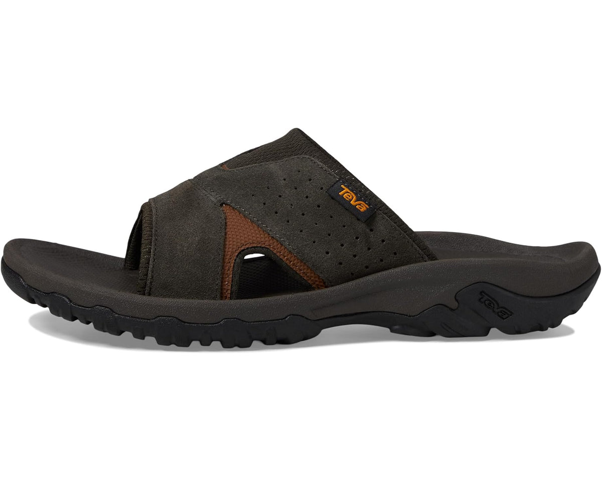 Men's slide sandals in dark brown, perforated strap with stitched panels, rugged sole