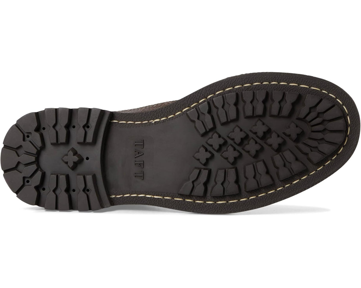 Bottom view of dark rubber lug sole for lace-up ankle boots