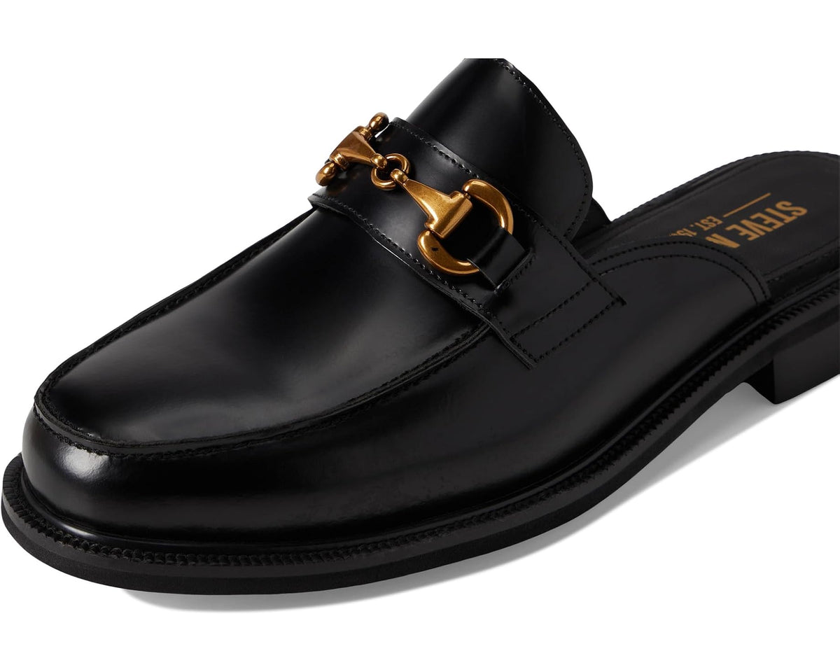 Men's black mule loafer with gold buckle, close side angle