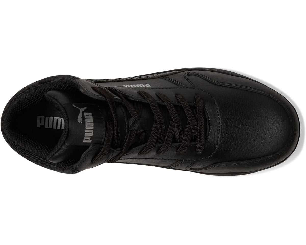Men's black PUMA safety mid sneaker, top view with lace-up closure and padded collar.