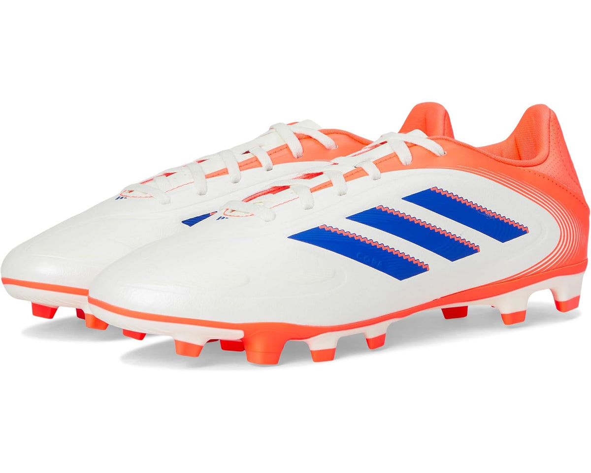 adidas Copa Club Pure soccer cleat, off-white with blue stripes and coral accents