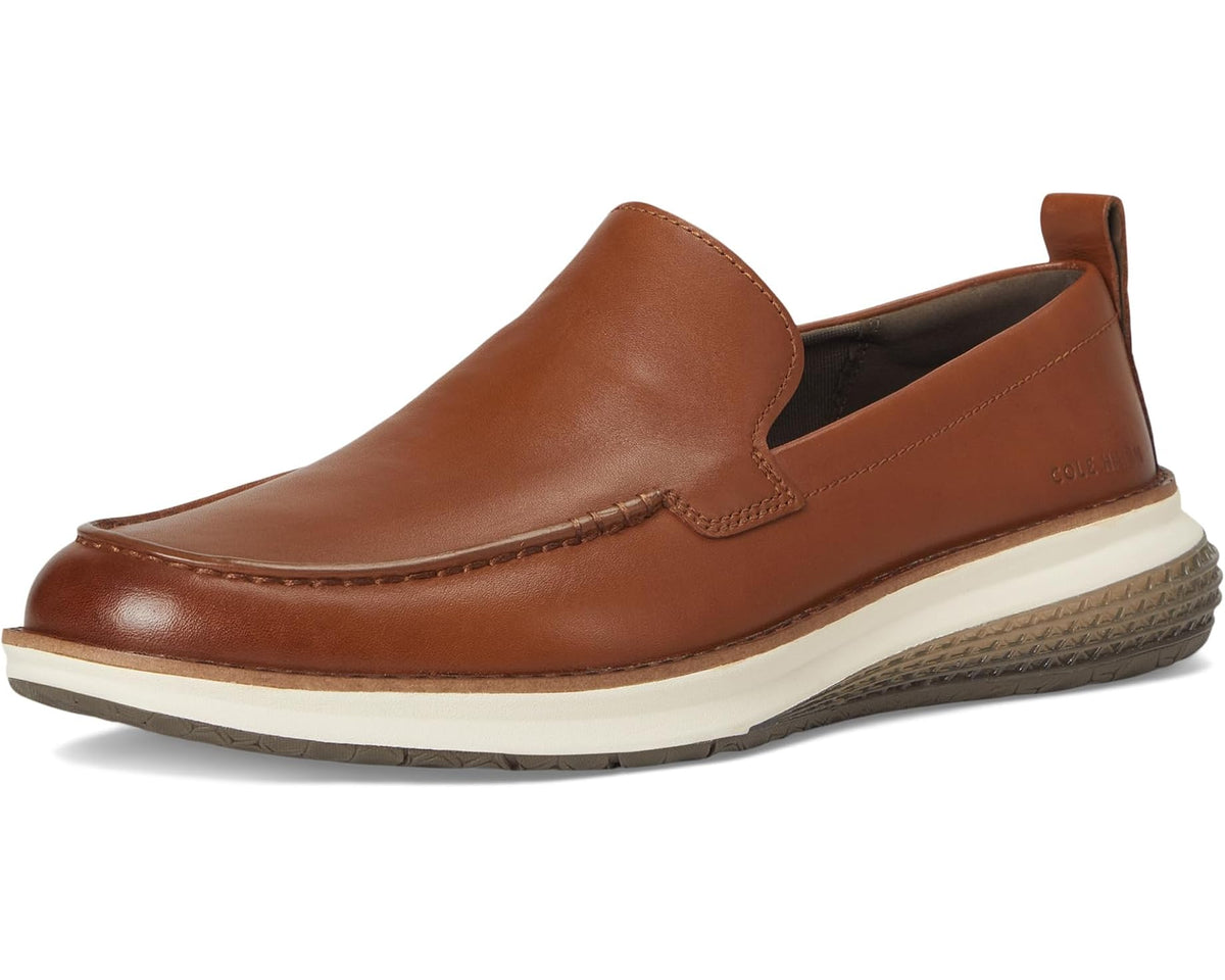 Men's brown leather slip-on loafer with white midsole and low-profile outsole