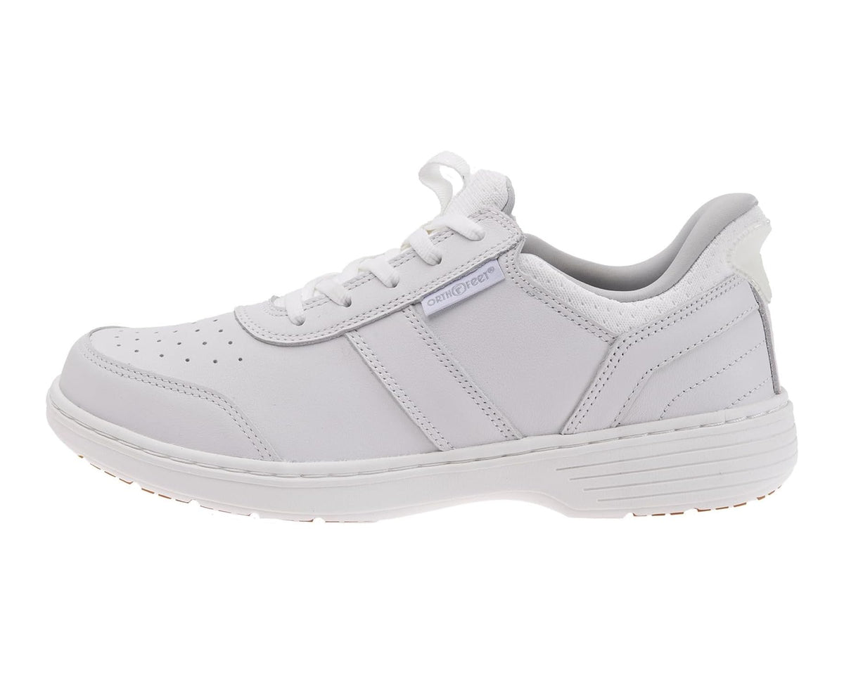 Men's white lace-up athletic sneaker with side stripes and padded collar