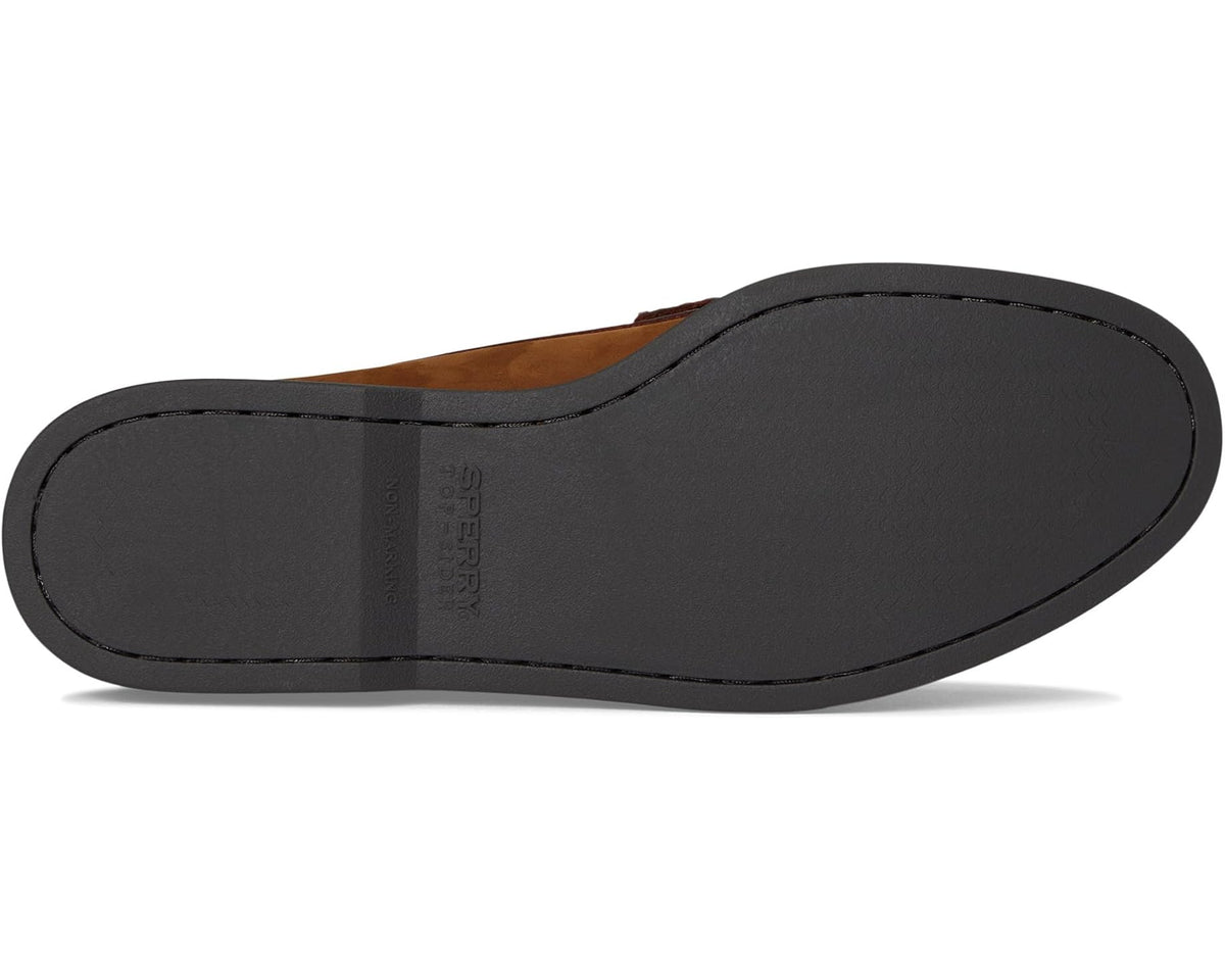 Men's brown suede loafers with dark rubber outsole and Sperry branding on heel