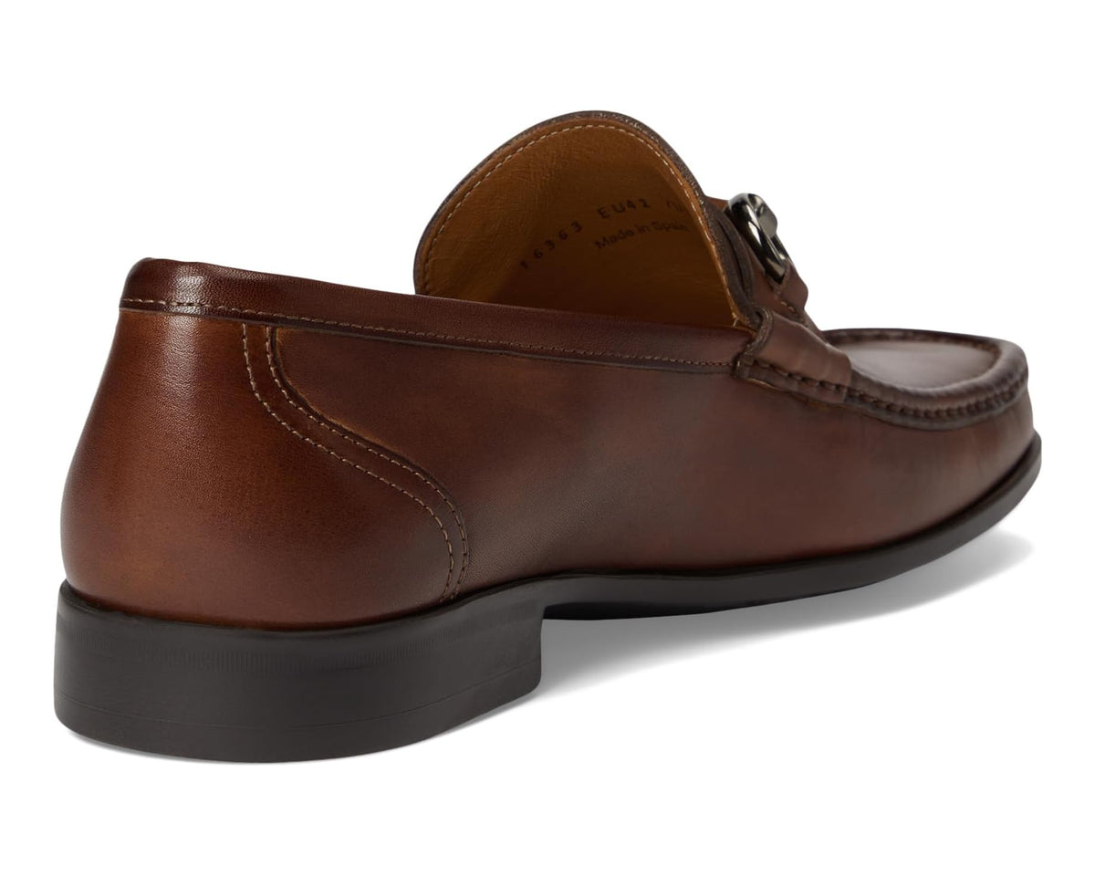Tabaco leather loafer from rear quarter with stitched seam and low block heel