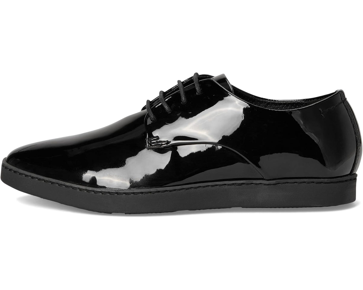 Black patent leather lace-up dress shoe with glossy finish and black sole