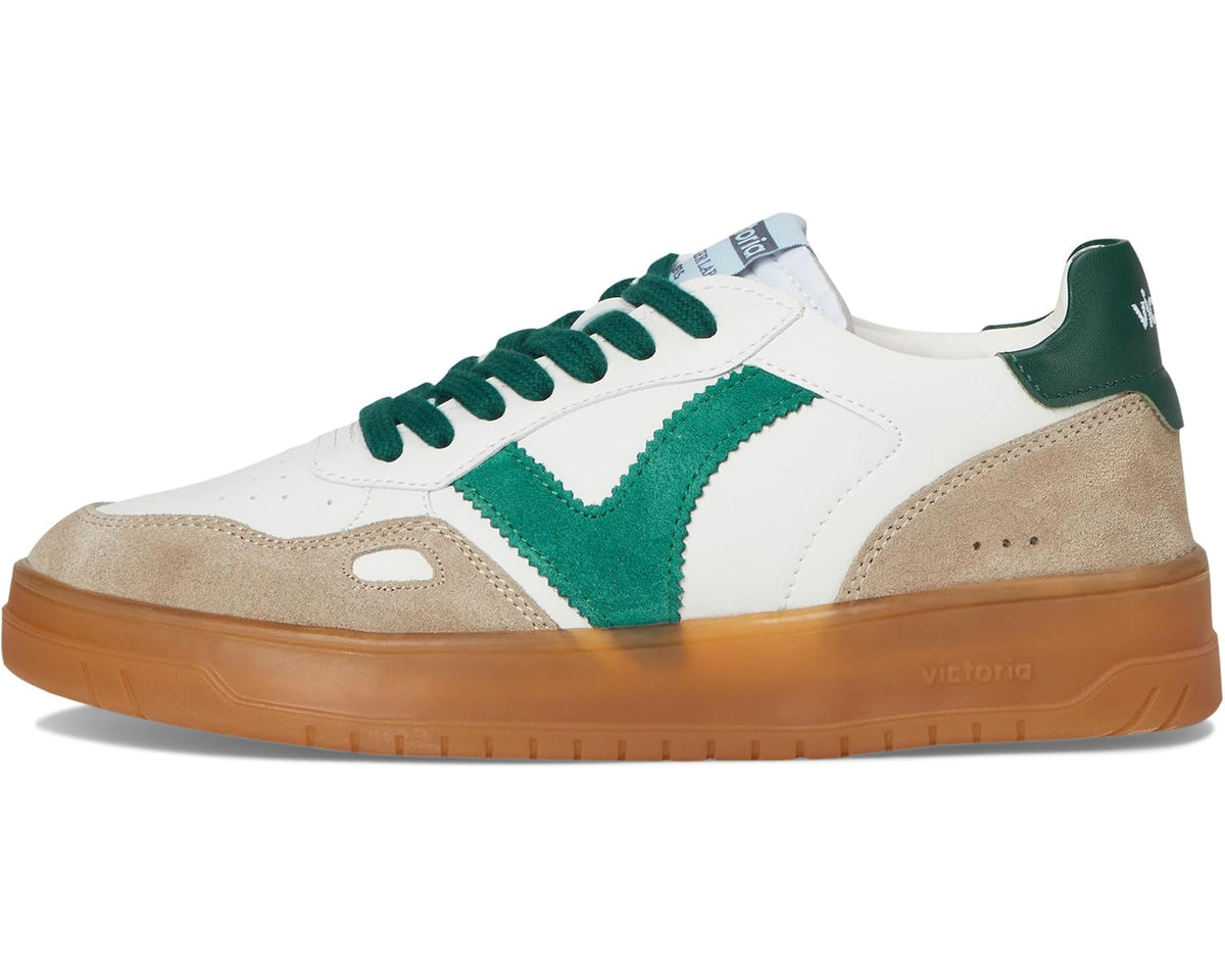 Low-top sneakers in white with green accents, tan suede sides, lace-up design