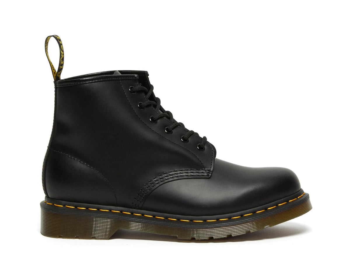 Black smooth leather lace-up ankle boot, yellow welt stitching, side profile