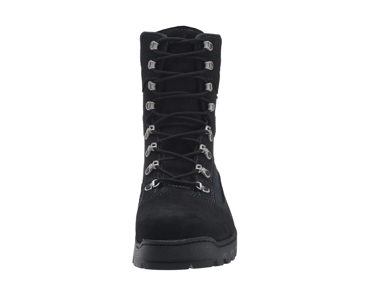 Black lace-up boot front view with padded tongue and collar