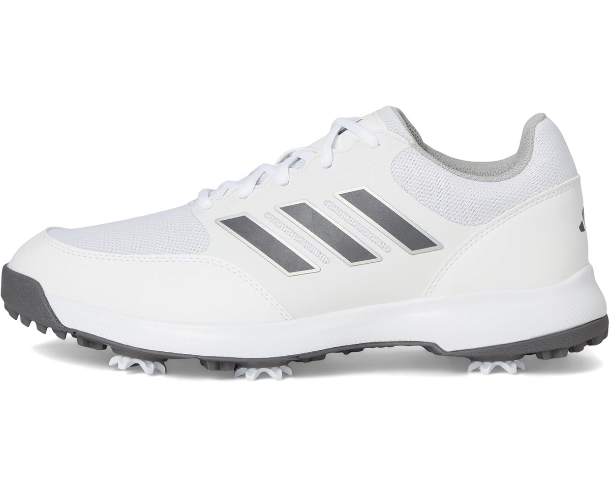 Men's adidas golf shoes, white upper with dark silver stripes, lace-up, spiked sole