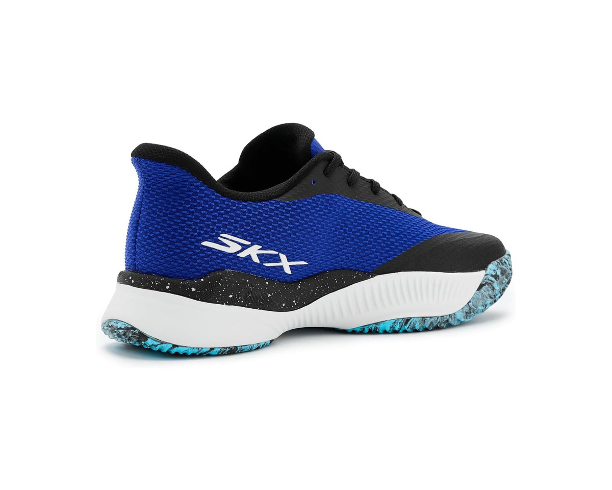 Blue and black SKECHERS running shoe with white midsole and SKX side logo