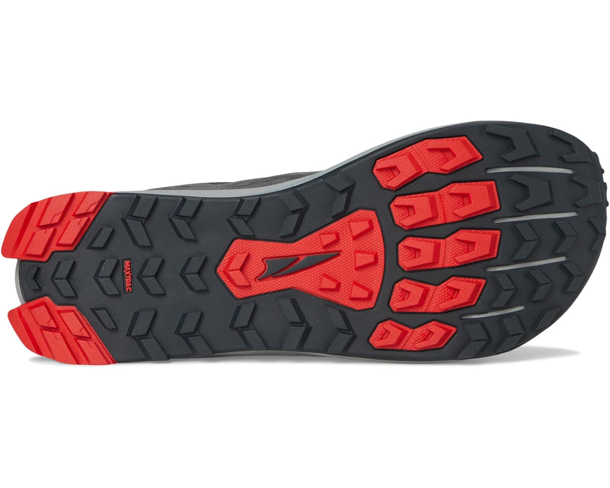 Altra Lone Peak 9 rugged outsole with red traction lugs on dark gray sole
