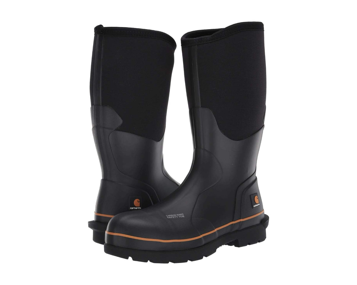 Black waterproof rubber work boot with tall shaft and orange trim, pull-on style