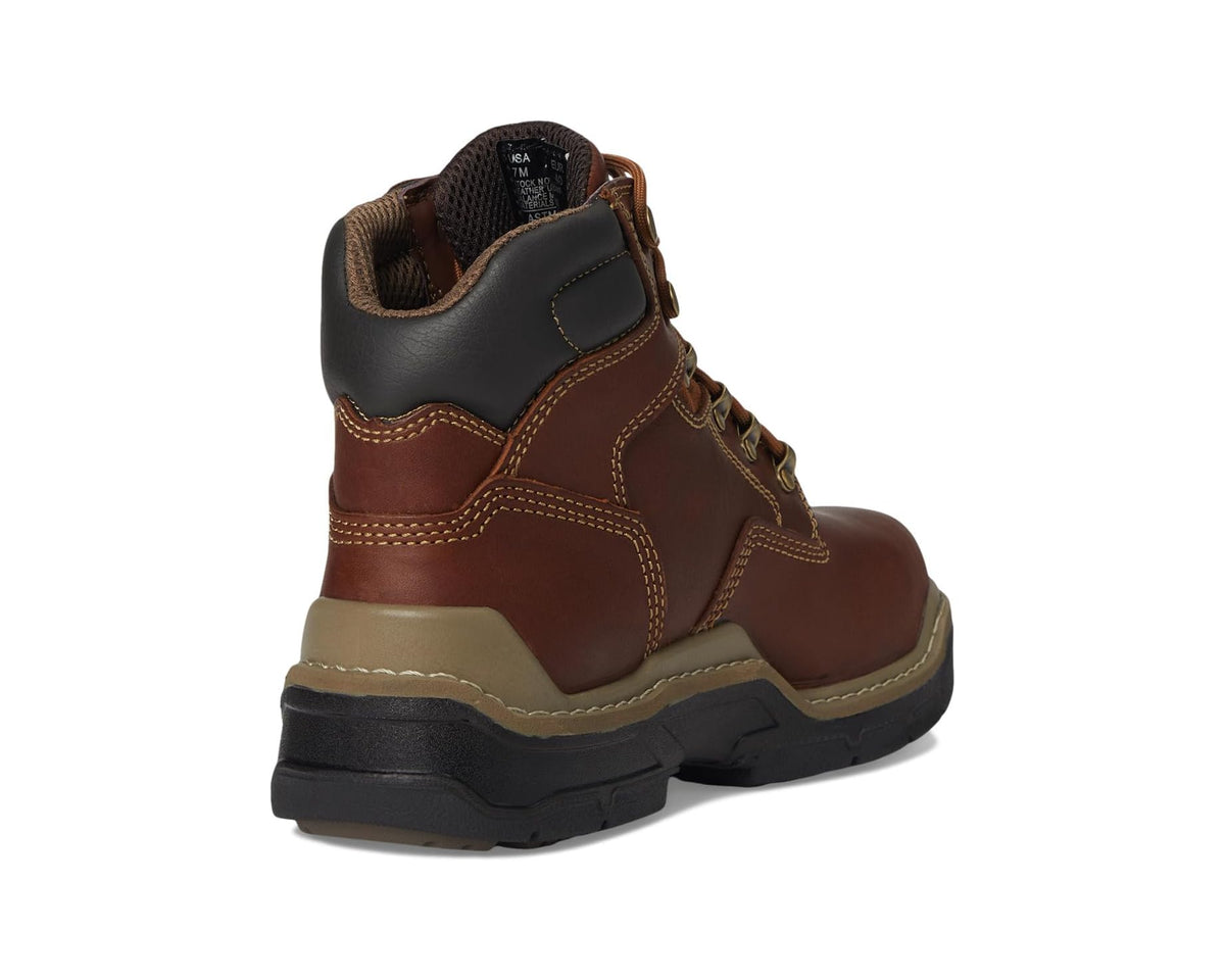 Brown lace-up work boots from heel side view with cushioned collar