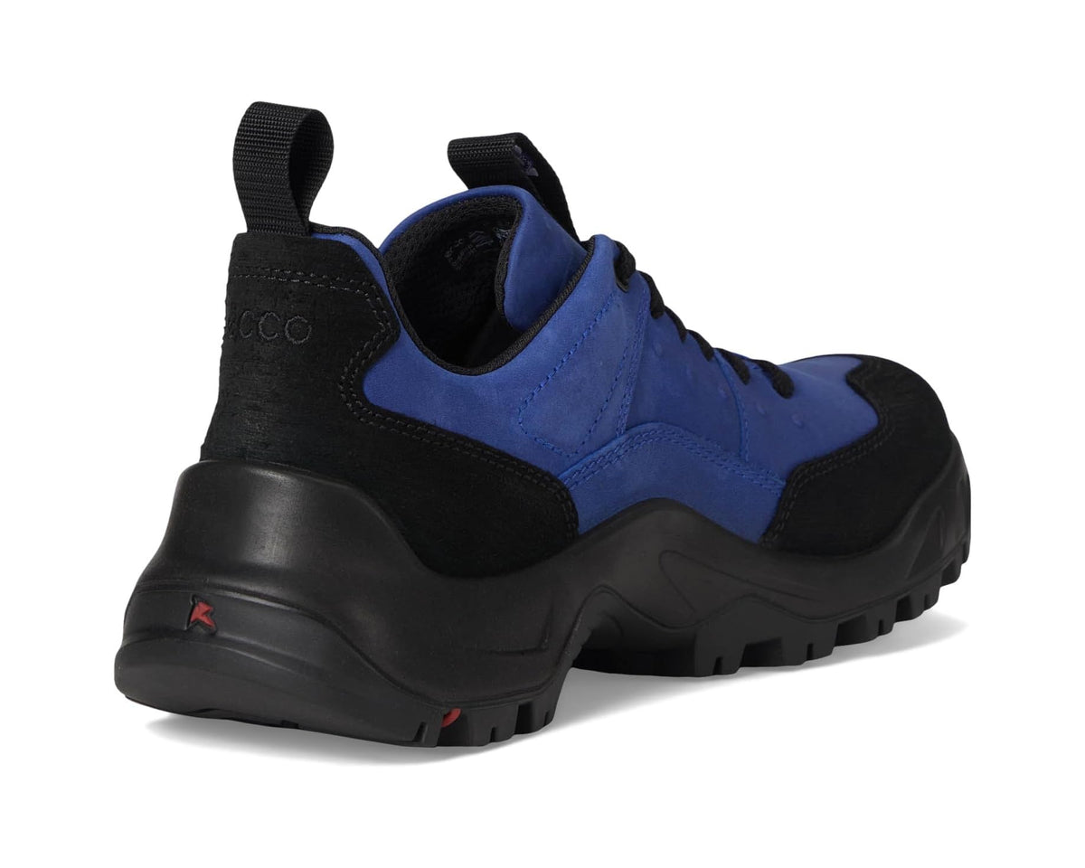 Heel and side view of blue and black lace-up hiking shoe with durable rubber tread