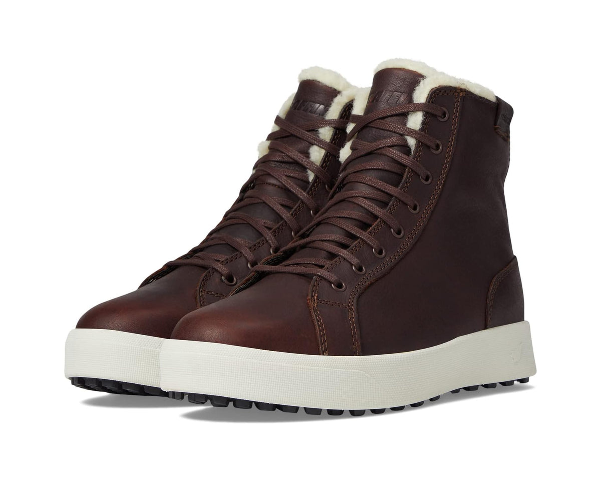 Brown lace-up winter boots with white sole and plush fur lining