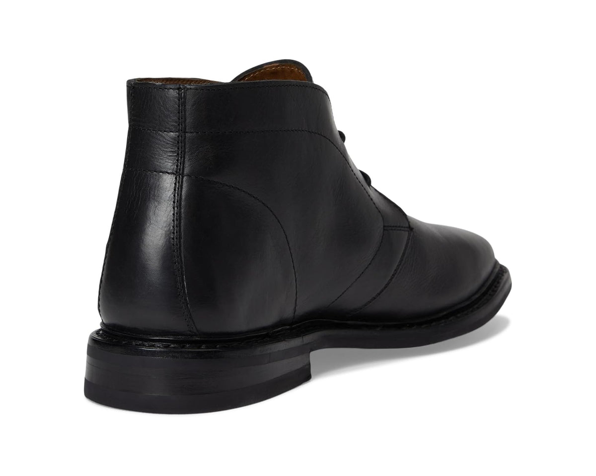 Black leather chukka boot heel and back view with cushioned collar