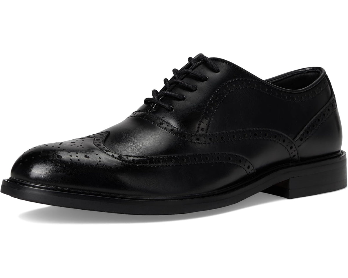 Black lace-up oxford dress shoe with glossy finish, cap toe, and wingtip brogue.