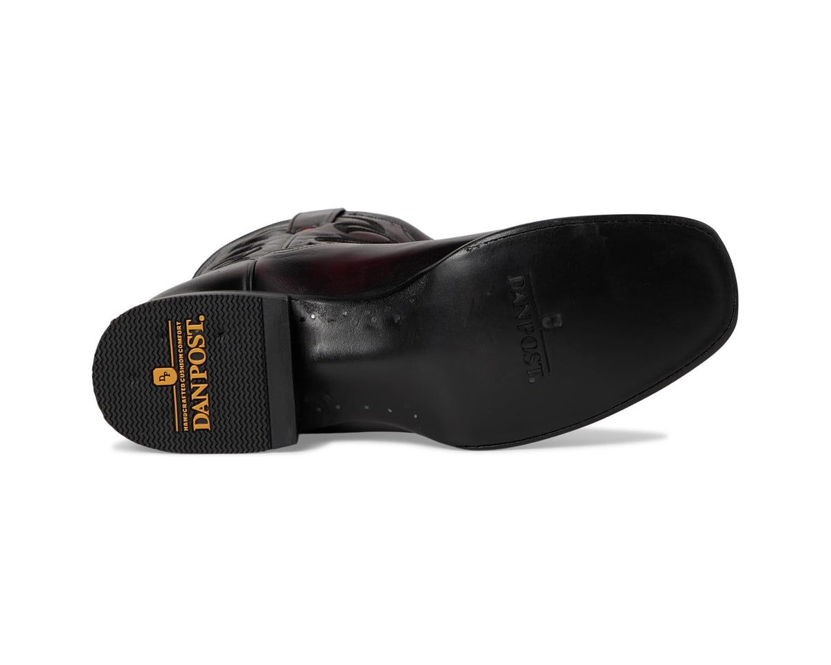 Black leather cowboy boot outsole with Dan Post label and traction tread