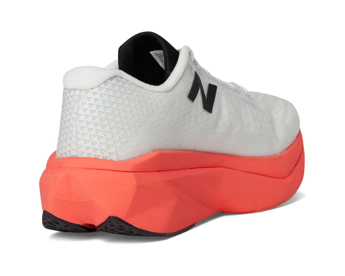 New Balance FuelCell trainer shoe heel view, white knit with orange midsole and black detail