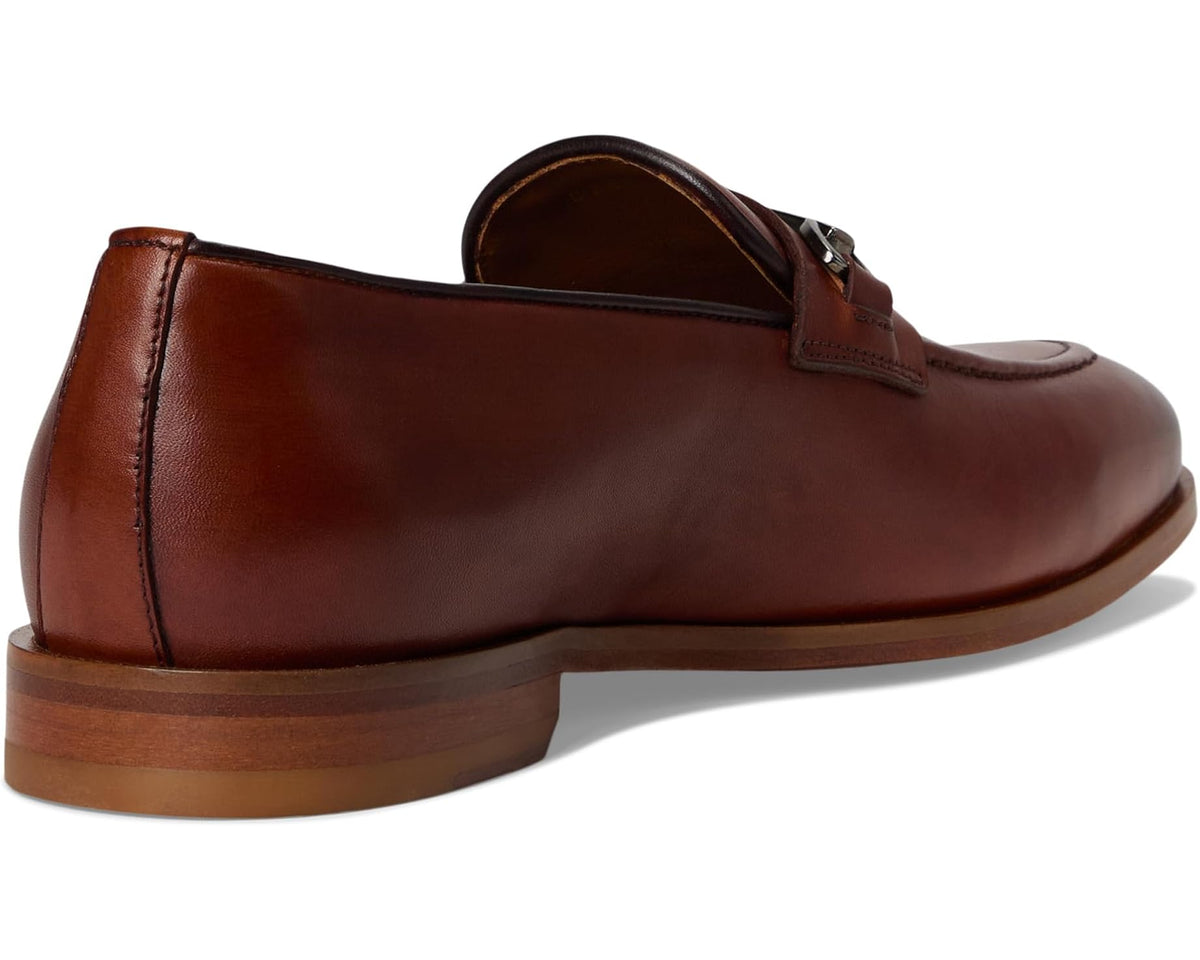 Men's brown leather loafer back view with smooth heel and stitched trim