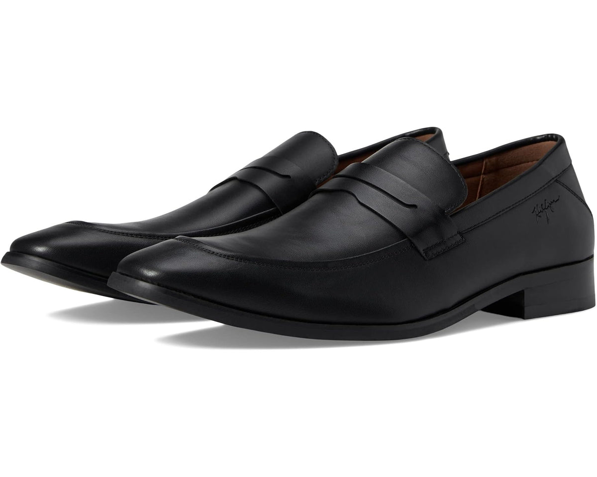 Men's black leather loafer with stitched apron and strap across the vamp