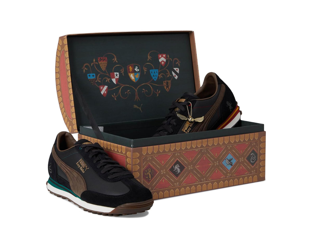 PUMA Easy Rider sneakers with gold lace charm, displayed on patterned gift box