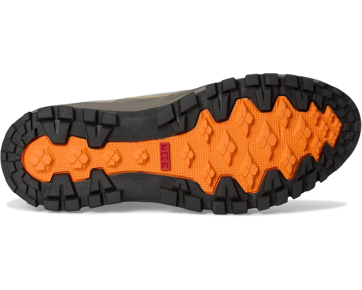Brown and khaki high-top sneaker outsole with orange tread pattern and rugged grip