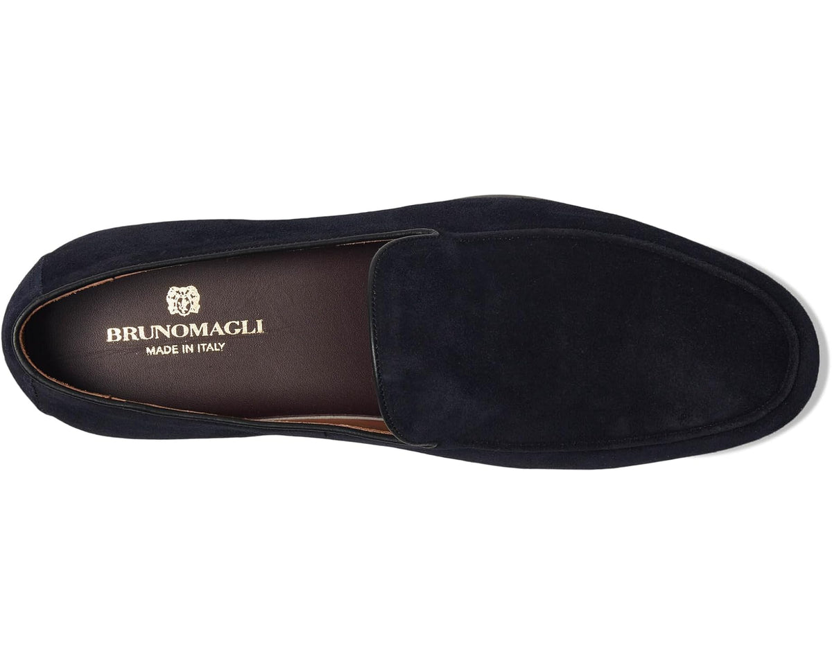 Bruno Magli navy suede slip-on loafer with logo on side and tan insole