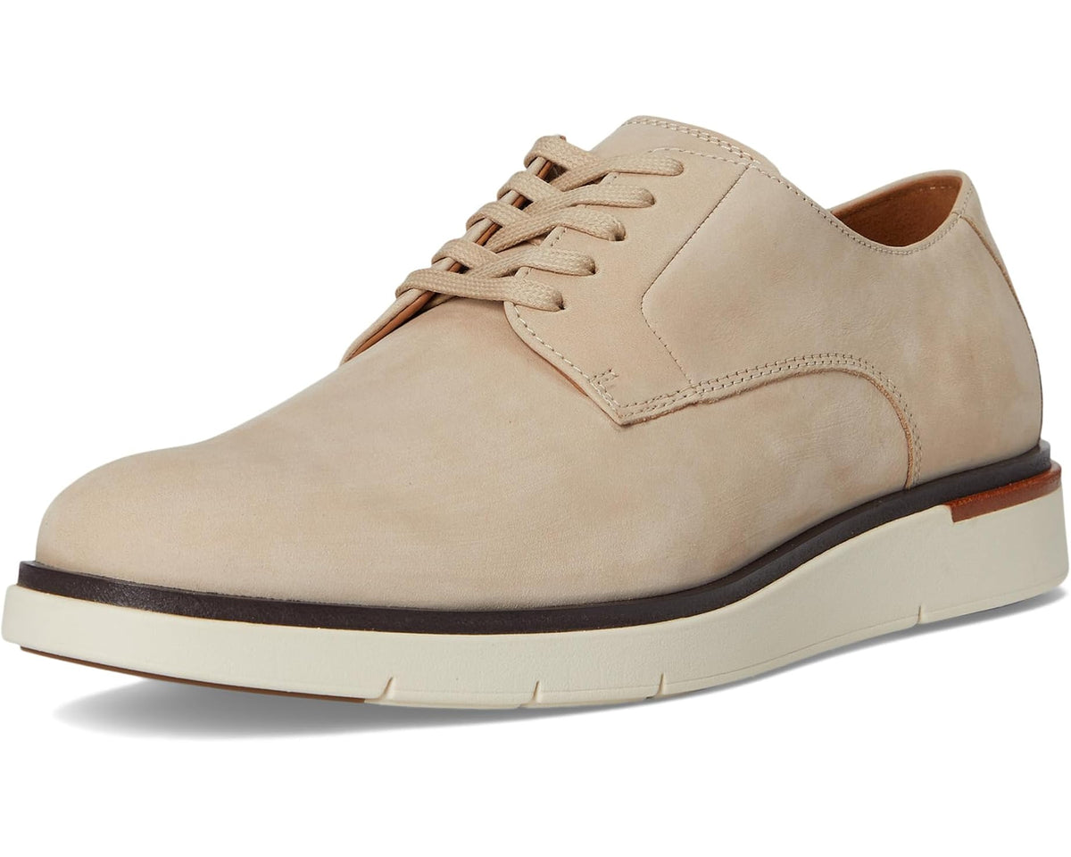 Men's sand nubuck lace-up oxford shoe with brown lace trim and rubber sole