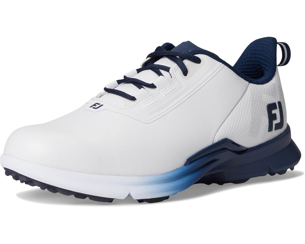 White and navy golf shoes with lace-up front and cushioned sole, angled view