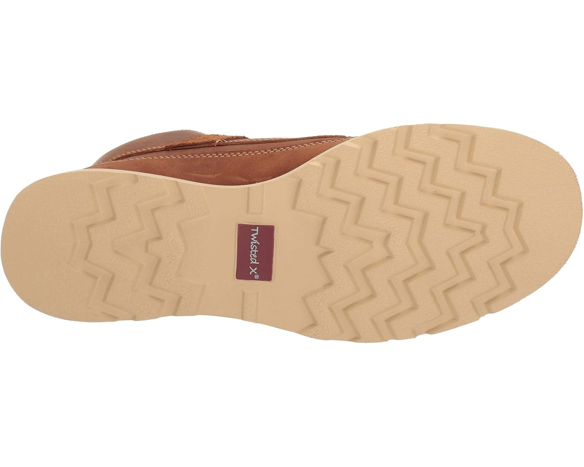 Tan rubber outsole with zigzag tread pattern on a brown leather boot