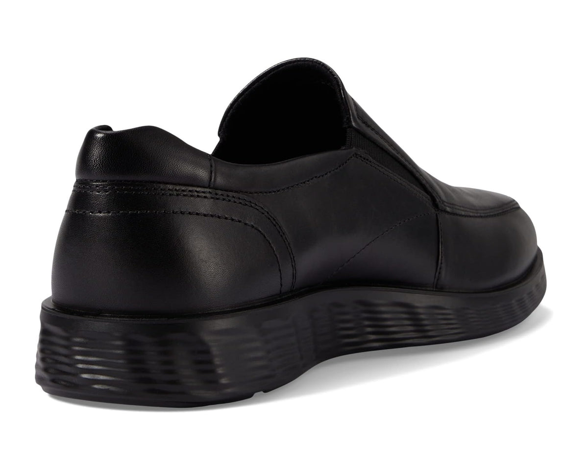 Black ECCO men's slip-on loafer with padded collar and striped midsole