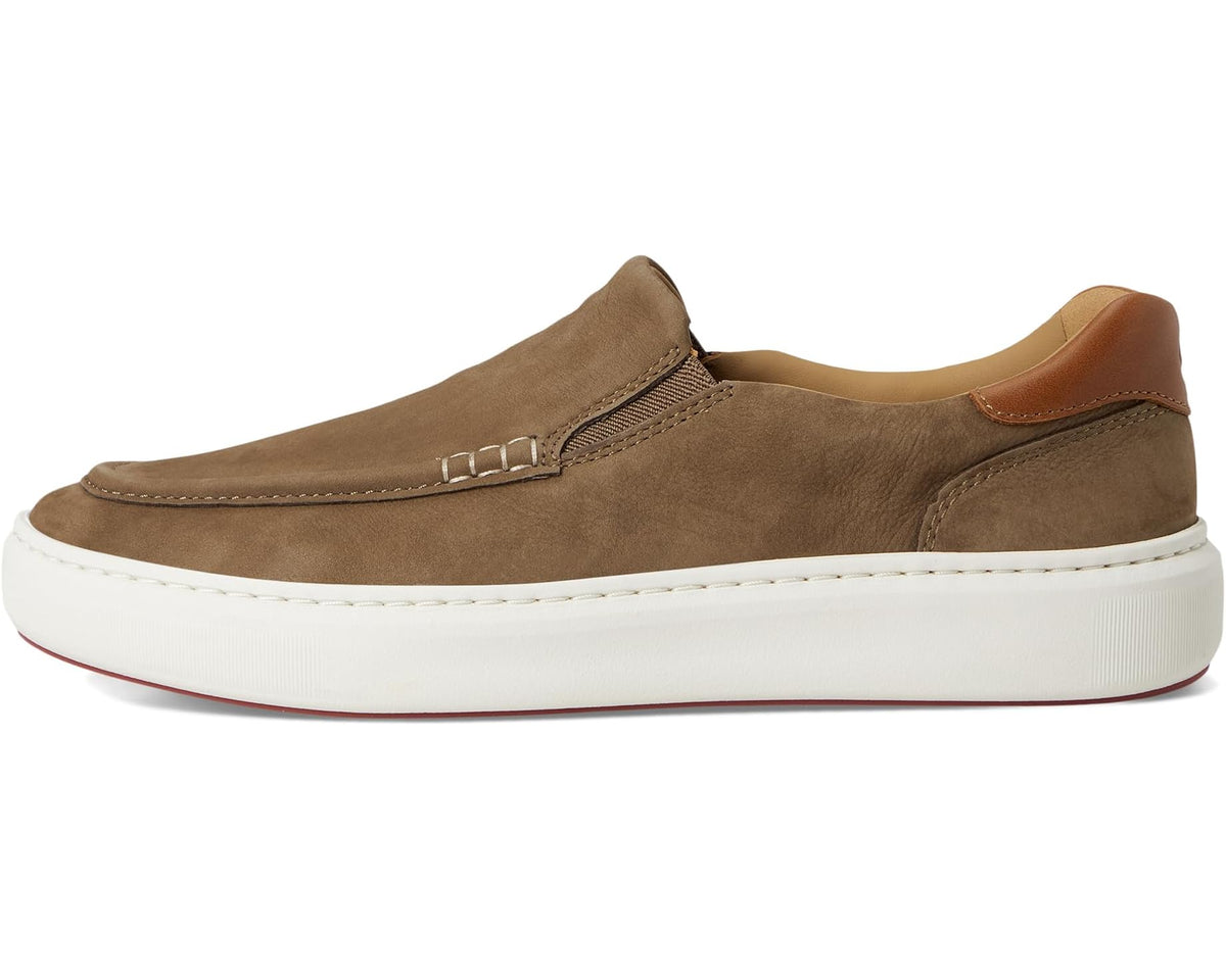 Taupe nubuck moc-toe slip-on shoe, tan collar lining, white rubber sole